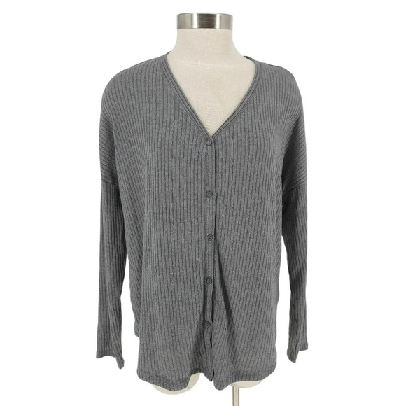 Tinsel Tops - Tinsel Shirt Gray Long Sleeve Rib Knit Button Up V Neck Top Petite